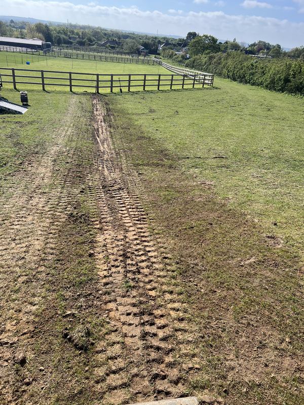 The same trench backfilled and reinstated across the paddock, with track marks in the grass